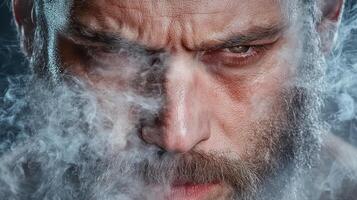 A man with a beard and smoke coming out of his mouth photo