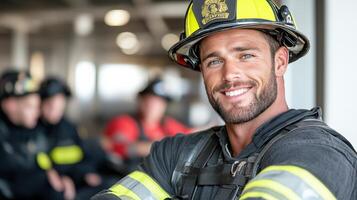 A man in a fireman's uniform smiling photo