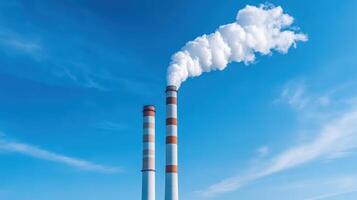 High chimneys releasing smoke into clear blue sky, symbolizing industrial activity and pollution photo