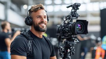 smiling man operates professional camera production set, showcasing his passion for filmmaking photo