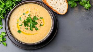 Creamy lentil soup garnished with fresh herbs and served with bread, perfect for cozy meal photo