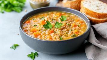 warm bowl of heart healthy lentil soup with fresh vegetables and herbs, perfect for comfort photo