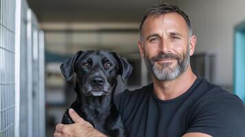 man with beard is smiling while holding black dog animal shelter. scene conveys warmth photo
