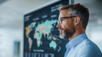 professional man observes world map with growth projections, reflecting on global trends photo