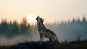 wolf howling at sunset in serene wilderness, surrounded by misty trees photo