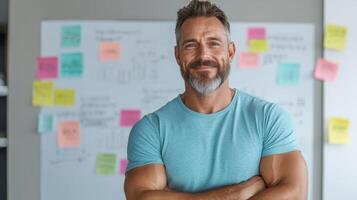 confident man stands front of whiteboard filled with colorful notes, showcasing focused strategy photo