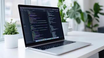 modern laptop displaying code dark screen, surrounded by indoor plants, creates productive photo