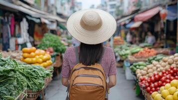 woman with straw hat walks through vibrant local market, surrounded by fresh produce photo