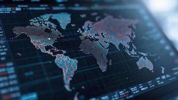digital world map displaying economic data with vibrant dots and grid lines, showcasing global photo