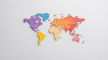 Colorful world map with textured regions representing different areas photo