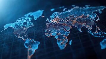 digital world map with glowing dots representing countries and cities, showcasing connectivity photo