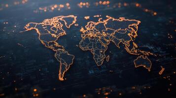 world map illuminated with glowing lines, showcasing global connections and data streams photo