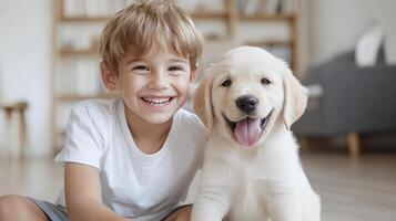 young boy smiles joyfully with his puppy, showcasing heartwarming bond photo