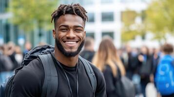 Smiling young man with backpack in busy outdoor setting, exuding confidence and positivity photo