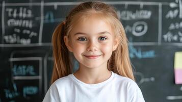 Confident young girl smiling in front of chalkboard filled with drawings photo