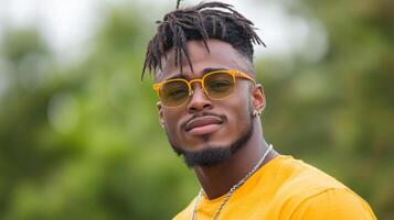 Bright and stylish young man wearing yellow sunglasses and matching shirt, exuding confidence photo