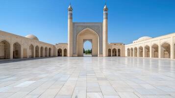 Ancient Persian palace with grand archways and stunning architecture under clear blue sky photo