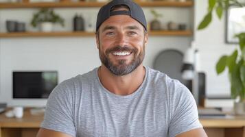 Smiling man casual attire sitting modern workspace, exuding confidence and approachability photo