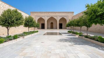 Ancient Persian palace with grand archways and serene courtyard, showcasing beautiful photo