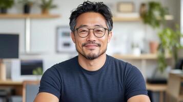 confident entrepreneur smiling in modern office setting, showcasing positive attitude photo