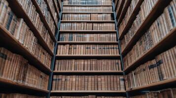 Old library with towering wooden bookshelves filled with vintage books, creating nostalgic photo