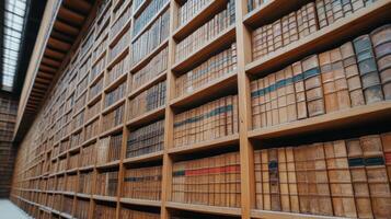stunning library with towering wooden bookshelves filled with classic books, creating warm photo