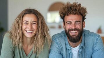 Happy coworkers sharing joyful moment, laughing together in bright office setting photo