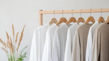 Soft, neutral toned shirts displayed on wooden rack with decorative plants photo