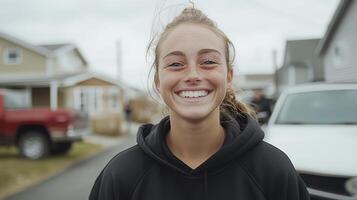 sonriente joven mujer en casual sudadera, radiante alegría en suburbano ajuste foto