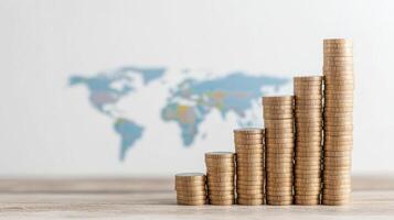 Stacked coins representing financial growth with world map backdrop evoke sense of global photo