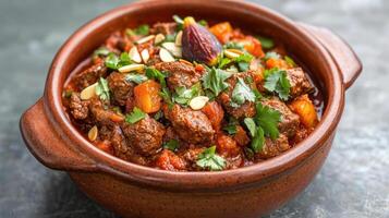 delicious beef tagine garnished with fresh herbs and nuts, showcasing rich flavors and vibrant photo