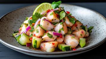 Fresh ceviche with lime, herbs, and vegetables creates vibrant dish photo