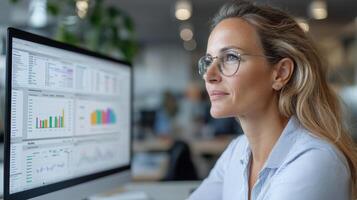 Data analyst working on computer screen displaying sales data and graphs photo
