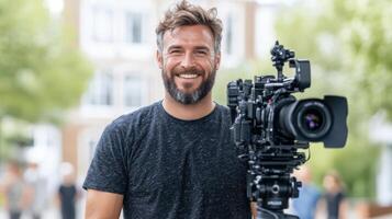 smiling man holds professional camera, showcasing his passion for filmmaking photo