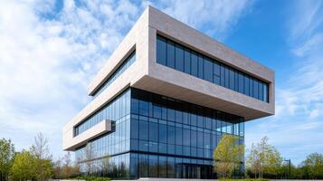 Modern architectural design features bold building with geometric shapes and large glass windows photo