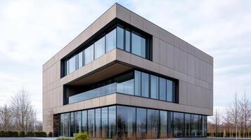 Modern building with geometric shapes and large glass windows, showcasing sleek design photo