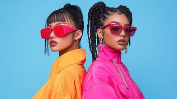 Bold fashion editorial featuring two models vibrant sunglasses and colorful jackets photo