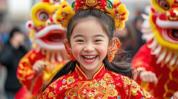 joyful girl in vibrant red costume smiles brightly during lively lion dance performance photo