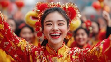 joyful woman in vibrant red traditional outfit celebrates with crowd during festive event photo