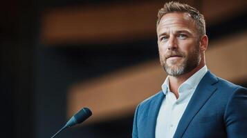 confident business leader giving presentation at conference, engaging audience photo