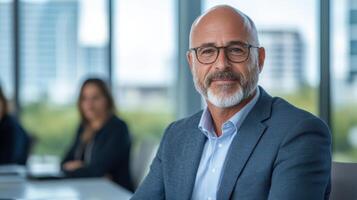 Professional man with glasses smiling modern office setting, exuding confidence and leadership photo