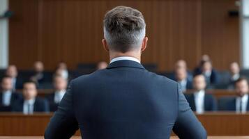 professional speaker addresses engaged audience formal setting, showcasing leadership photo
