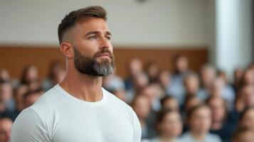 focused man with beard listens intently in crowded room during presentation photo