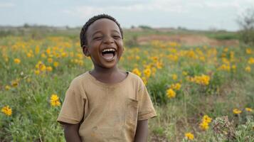 joyful child laughing in flower field, surrounded by vibrant blooms and greenery photo