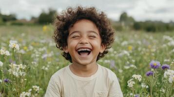 joyful child laughing in flower field, surrounded by colorful blooms and greenery photo