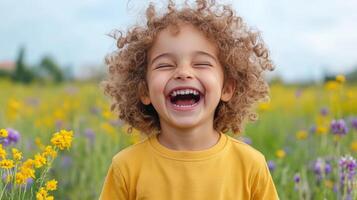 child laughing joyfully in vibrant flower field, surrounded by colorful blooms photo