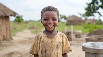 joyful child smiling in rural setting, wearing dirty shirt, surrounded by nature and huts photo