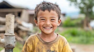 joyful child smiling while standing near water source, showcasing happiness and innocence photo
