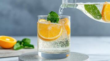A glass of water with orange slices and mint leaves photo
