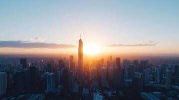 Aerial view of city skyline at sunset, showcasing tall buildings and vibrant colors photo